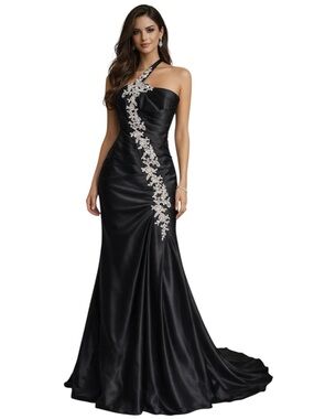 One Shoulder Mermaid Gown Floral Appliqué Size S Formal Wedding Guest Prom